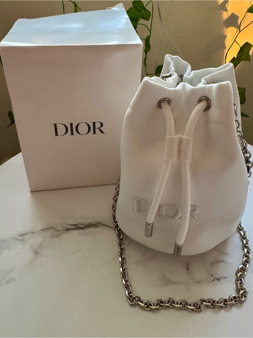 Dior White Drawstring Bucket Bag with Chain Strap brand new authentic!